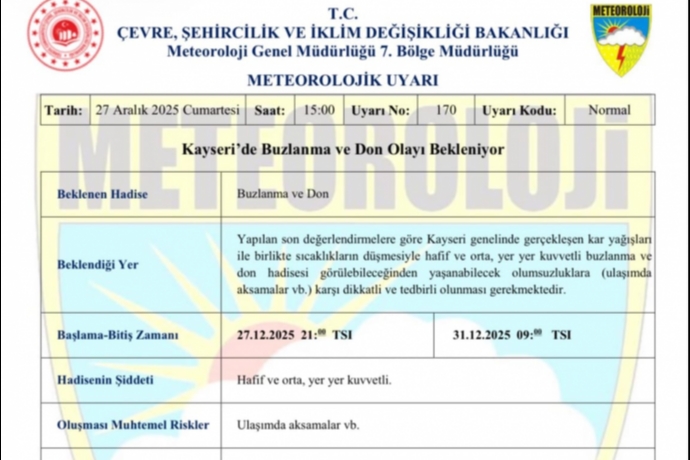 Kayseri'de Meteoroloji'den Buzlanma ve Don Uyar�s�